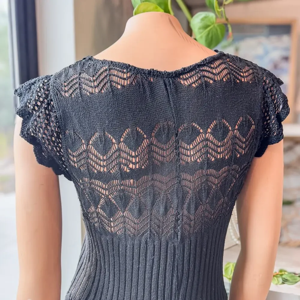 MONORENO, Y2K Black Crocheted Top w Scalloped Accents Whimsigoth Women's Medium - Picture 5 of 11